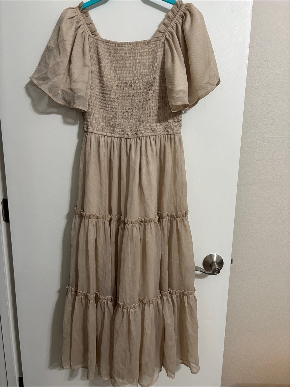 Ivy City Neutral Beige Smocked Top with Elastic Neckline - Picture 3 of 4